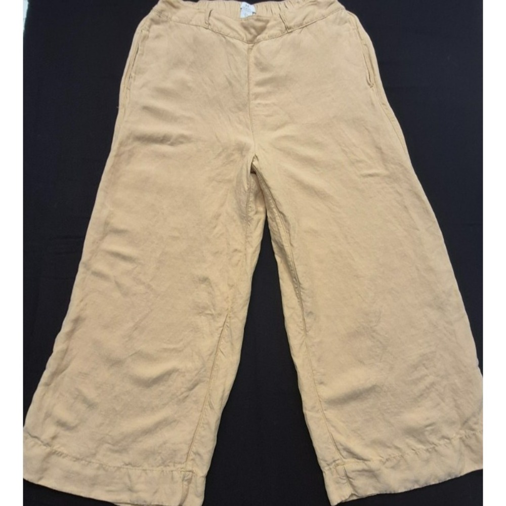 Holston women's khaki flat front wide leg pull-on Linen blend pocket pants sz. L